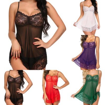 Women Sexy Sleepwear Lingerie Dress Lace Erotic Lingerie Nightdress Sling Dress Mesh Sheer Pajamas Nightgown 1