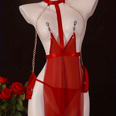 Porn Sexy Red Lingerie Set Women's Sheer Mesh Bodysuit with Golden Chain Straps,Romantic Nightwear,Exotic Babydolls 1