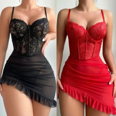 Transparent Underwire Bra Erotic Set Sexy Fairy Lingerie Women's See Through Lace Nightdress Pajamas Sets Delicate Sexy Nighty 1