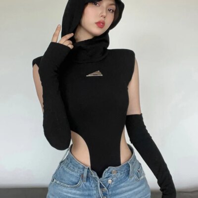 Fashion Solid Color Hooded Bodysuit One Piece Sexy Round Neck Sleeveless Lingerie Sexy Casual Slim Streetwear Festival Outfit 1