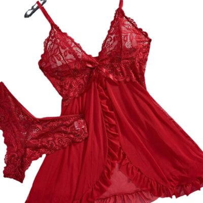 ALLTOOALL Women's Lace Transparent Sleepwear Underwear Set Sexy Red Nightdress Pijamas Sets With Panty Female Nighty Clothes 1