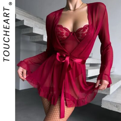 Toucheart Erotic Pajamas Bodysuit Lace See-through Hollow Out Patchwork Girl Slim Solid Color Sexy Seductive Elegant Pajamas Set 1