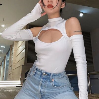 High Fashion Women’s Long-sleeved Bodysuit Solid Color Hollow Off-shoulder Half High Collar Jumpsuit 1
