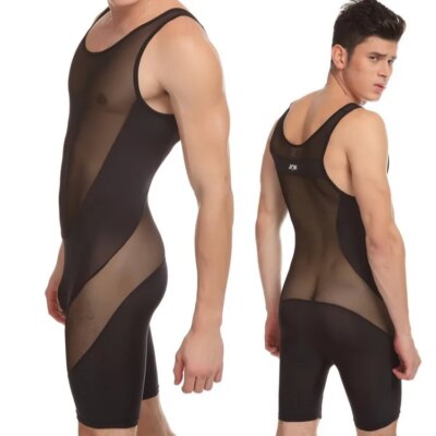 Transparent Mesh Mens Undershirt Leotard Jumpsuit Wresting Singlet Bodywear Ultra-thin Boxershorts Tank M-XL 1