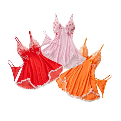 Romantic Dress Elegant Nightdress Lace Patchwork Sleepwear Sling Soft Dress And Thong Full Slip Hollow Bra Irregular Hemline 1