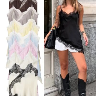 HH Sexy Women Asymmetrical Lace Slip Tops Summer Female Backless Sleeveless Off Shoulder Underwear Tanks Elegant Beach Camisole 1