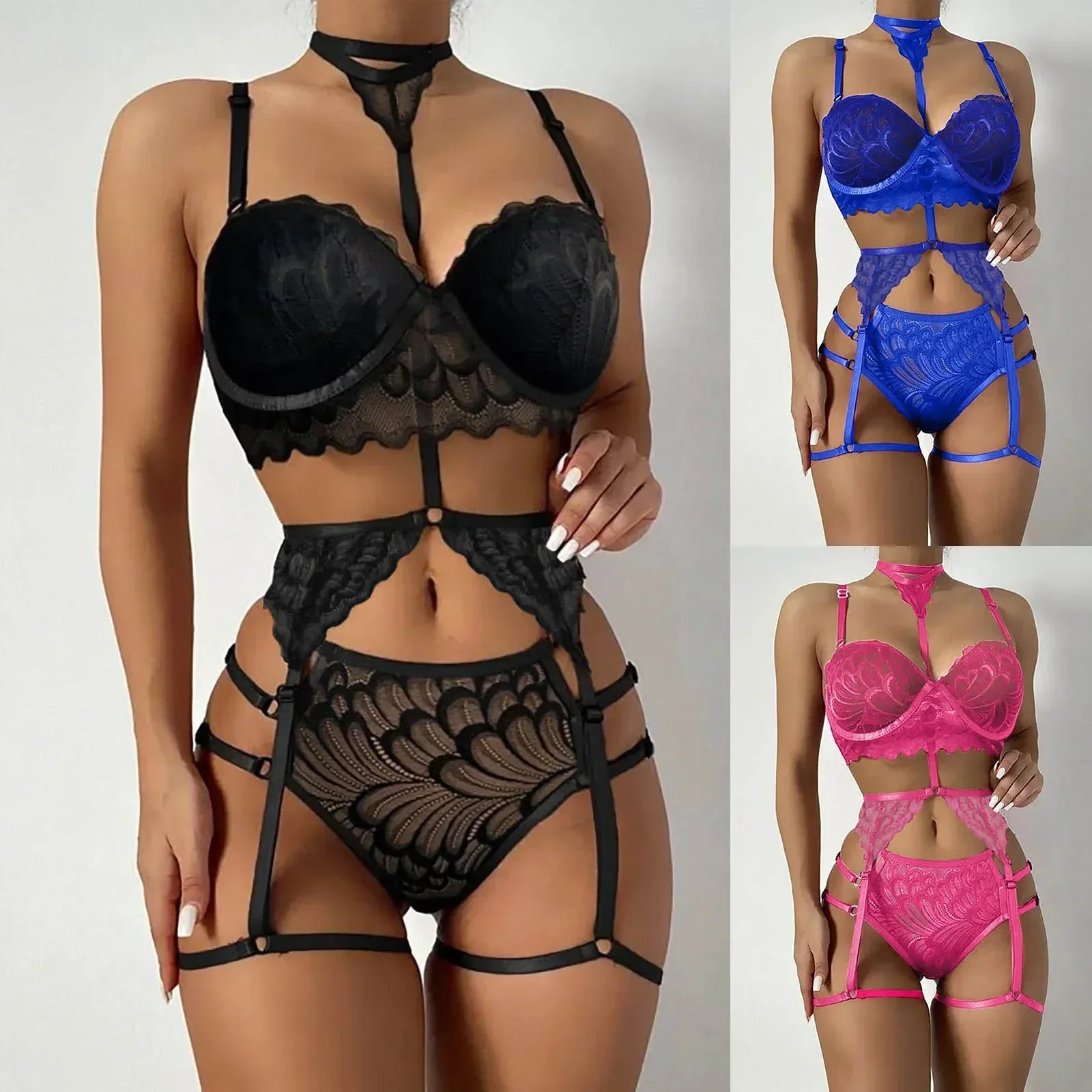 Seksuali nėrinių lencūgėlė pižama su plieno žiedeliais moterims