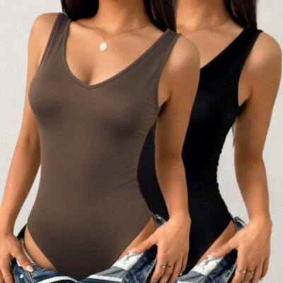Women Sleeveless V Neck Bodysuit 2 Pack Form Fitting Solid Color Tank Bodysuit 1