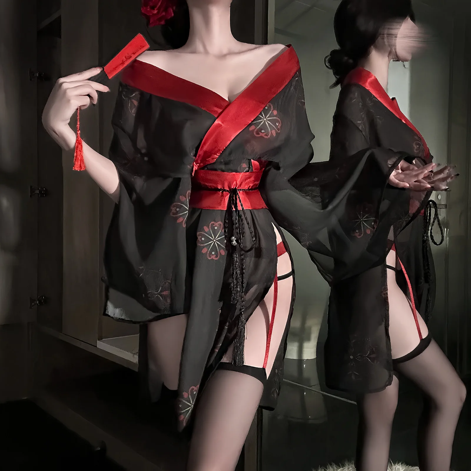 Seksuali mergaitės nuotaka Sakura kimono stiliaus lininė su atvirais rankoviais