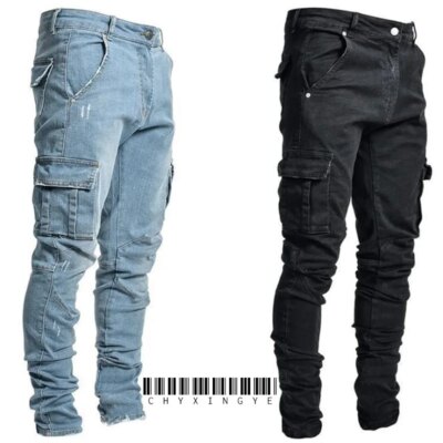 new Jeans Men Pants Wash Solid Color Multi Pockets Denim Mid Waist Cargo Jeans Plus Size Fahsion Casual Trousers Male Daily Wear 1
