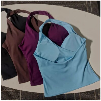 Women's Sexy V-Neck Fitness Bra Nude Sports Bra Hanging Neck Yoga Suit Vest Comfortable Breathable Gym Top for Active Wear 1