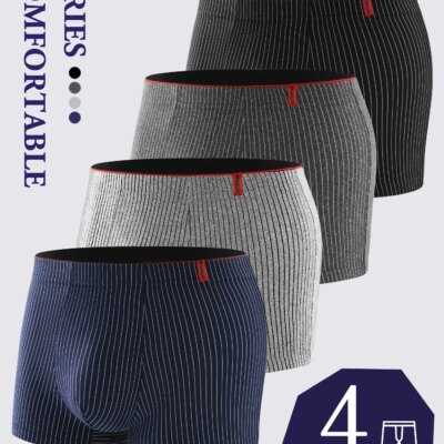 4 pieces of men's boxer underwear Soft, breathable and comfortable men's briefs Striped trendy personality casual loose boxers 1