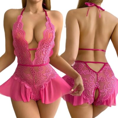 New Sexy Crotchless Rose Sexy Lingerie Women Lace Hollow Bodysuit Teddy Babydoll Dress Deep V Open Bra Porno Set Erotic Pajamas 1