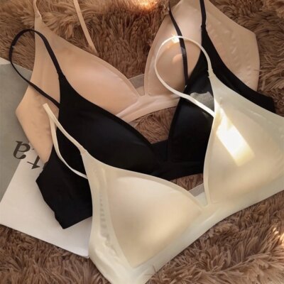 French Glossy Satin Seamless Underwear, Women's Deep V-neck, Thin Shoulder Strap, Thin Bra for Summer 1