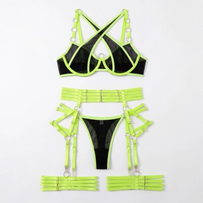 Neon Green Cross Strap Lingerie Set Underwire Bra Garter Belt Thong Leg Garters Women Erotic 4 Piece Nightwear Intimates 1