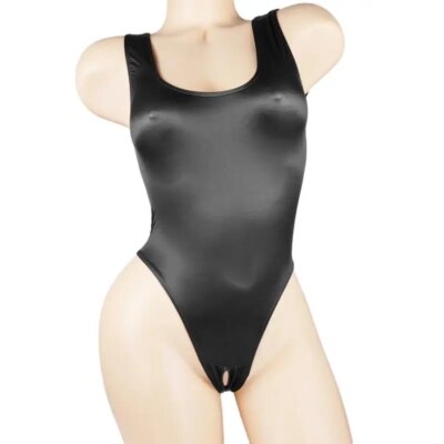 Satin Glossy Leotards One Piece Swimsuit Sexy High-Cut Open Crotch Bikini Thong Bodysuit Shiny Women Lingerie Plus Size 1