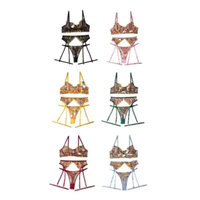 Clearance Random Color Sexy Lingerie Set 3 Pcs Floral Embroidery Sheer Lace Bra Garter Belt Panty Intimate Underwear Kit 1