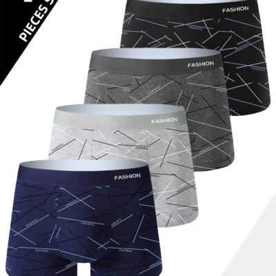 4pcs men's underwear, comfortable, soft and fashionable daily line print intimate boxer briefs, sporty and breathable boxers 1