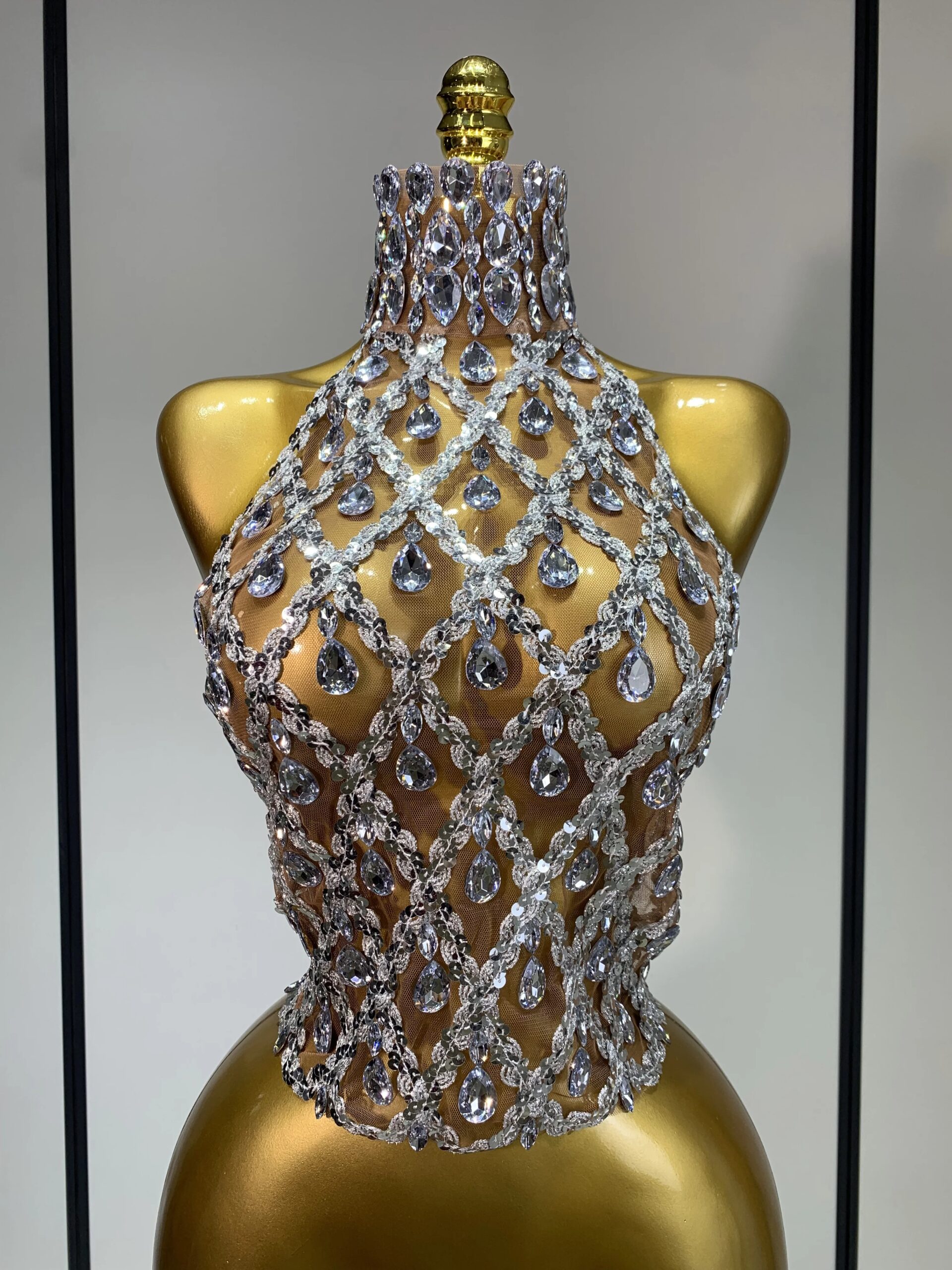 Blizgus sidabrinis rhinestone lentynos tinklas permatomasis marškinėlis moterims