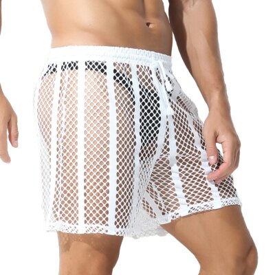 Men Boxers Mesh Sexy Underwear Hollow Lingerie Fishnet Sleepwear See Through Long Leg Boxer Shorts Underpants 1