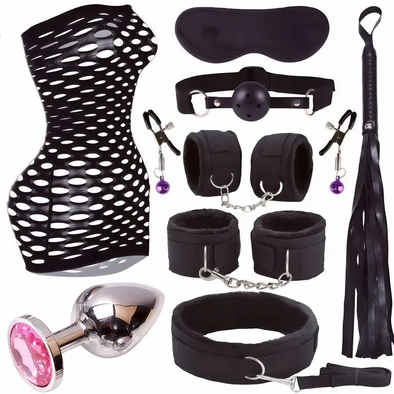 9 dalių BDSM sekso žaislų rinkinys moterims kumštis pančiai nuolangas metalinis analinis kištukas