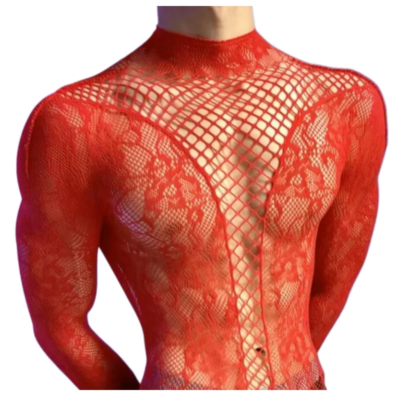 Men's Christmas Bodysuits Male Long Sleeved Uniforms Autumn Winter Underwear Fetish Breathable Gentlemen Mesh Clothes White Red 1