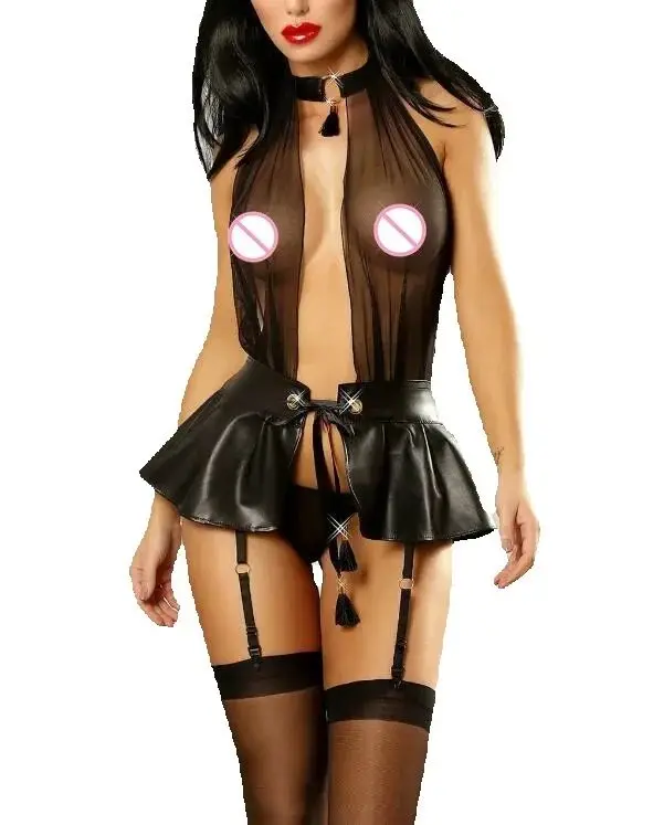 Juoda seksuali oda lingerie stripper kostiumai lateksinis erotinis PVC Beyonce suknelė