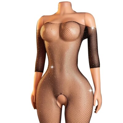 Plus Size Erotic Sexy Lingerie Bling Rhinestone Fishnet Bodysuit Transparent Sex Dress Women Mesh Tights Sexy Exotic Body Socks 1
