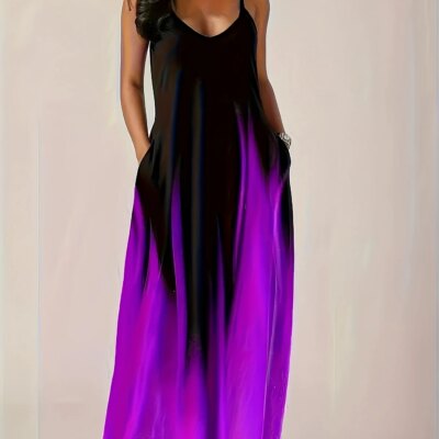 European and American style gradient halter maxi dress, V-neck sleeveless loose pocket resort dress 1