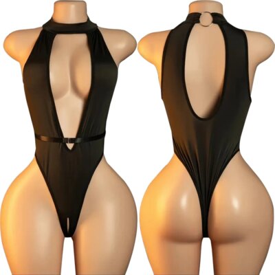 Erotic Open Bra Lingerie Women Sexy Costumes Deep V Hollow Bodysuit Hanging Neck Maid Dress Cosplay Uniform Crotchless Underwear 1