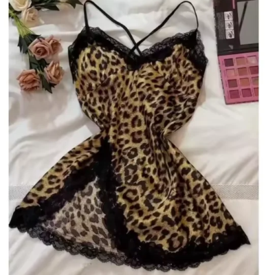 Leopard Silk Satin Women Nightgown Sleeveless Side Split Lace Sleepwear V Neck Sexy Nightwear Female Homewear Cloth Pajama Dress 1