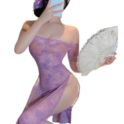 Sexy Lace Side Slit Long Dress Purple One Piece Sleepwear Lingerie for Women's Nightwear Elegant Underwear 1