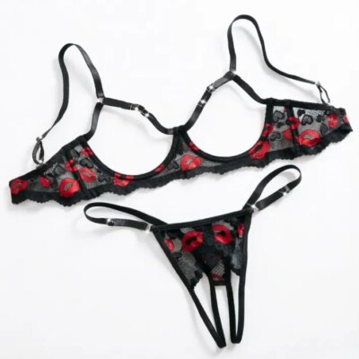 Sexy Female Lingerie Open Cup Bra And Thong Erotic Set Underwire Brassiere Crotchless Panties Slip Couples Nightwear Easy Access 1