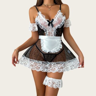 Sexy Lace Maid Costume Daring Lingerie Women Polka Dot Mesh Maid Dress Role Play Costume Babydoll See Through Erotic Lingerie 1