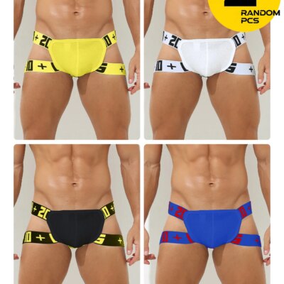 Men's Cotton Low-Waist Briefs Breathable Double-Pouch Seductive Sporty Youth Underwear 2-Pack Random Design Trendy Innerwear 1