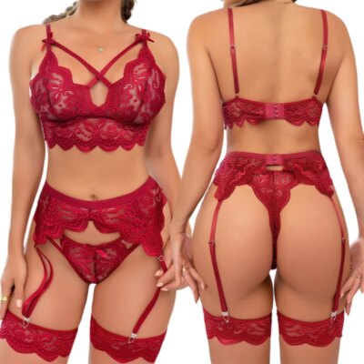 Transparent Erotic  Women Bra And Panty Garters 3 Piece See Through Lingerie Set Sexy Costumes Women's Hot Lace Underwear Set 1